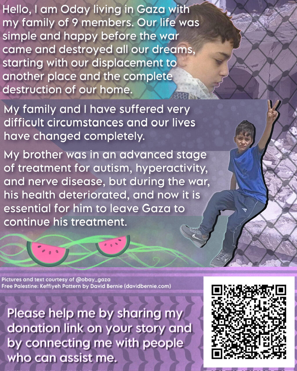 start image description: A design featuring Oday and his brother, set against a keffiyeh pattern backdrop which overlays the wreckage of a building destroyed by the occupying forces. Next to Oday is a Palestinian flag, with text that reads as follows: "He